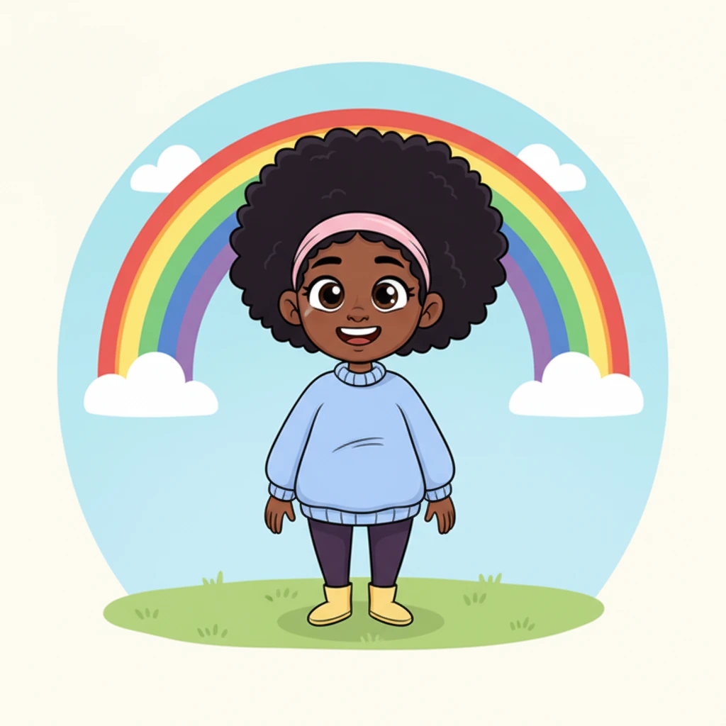 Amara stands tall and radiant, her head held high, a confident and serene smile gracing her lips. Behind her, a magnificent, stylized rainbow arches across a clear blue sky, symbolizing her new beginning. She is looking forward, her eyes sparkling with determination and hope for a bright, joyful future.