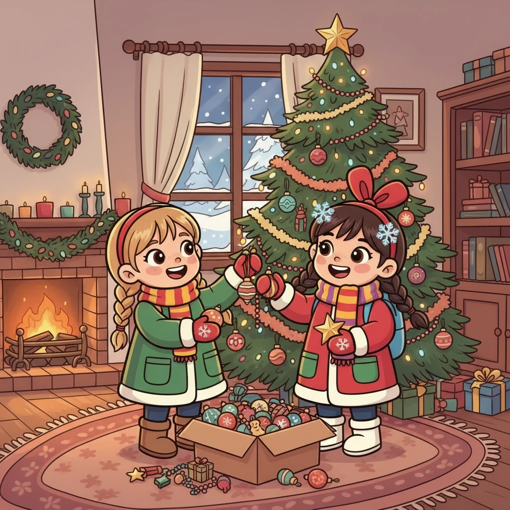 В один прекрасный вечер, подруги решили вместе украсить ёлку. Они достали коробку с игрушками, доставшимися им от родителей. В комнате раздавался смех и весёлые разговоры.