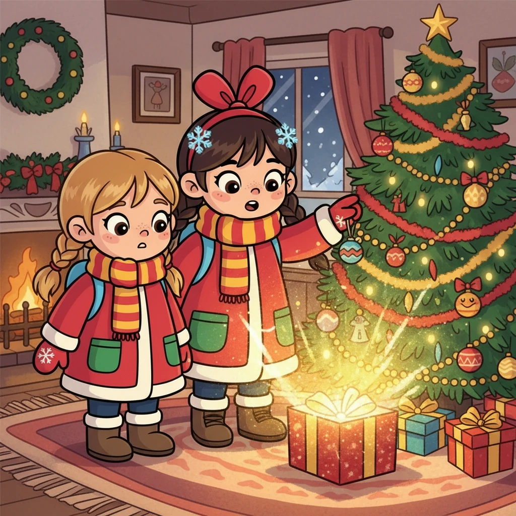 Вдруг, когда они повесили последнюю игрушку, в комнате засиял волшебный свет. Из-под ёлки появилась сверкающая коробка с надписью: «Для самых лучших подруг».