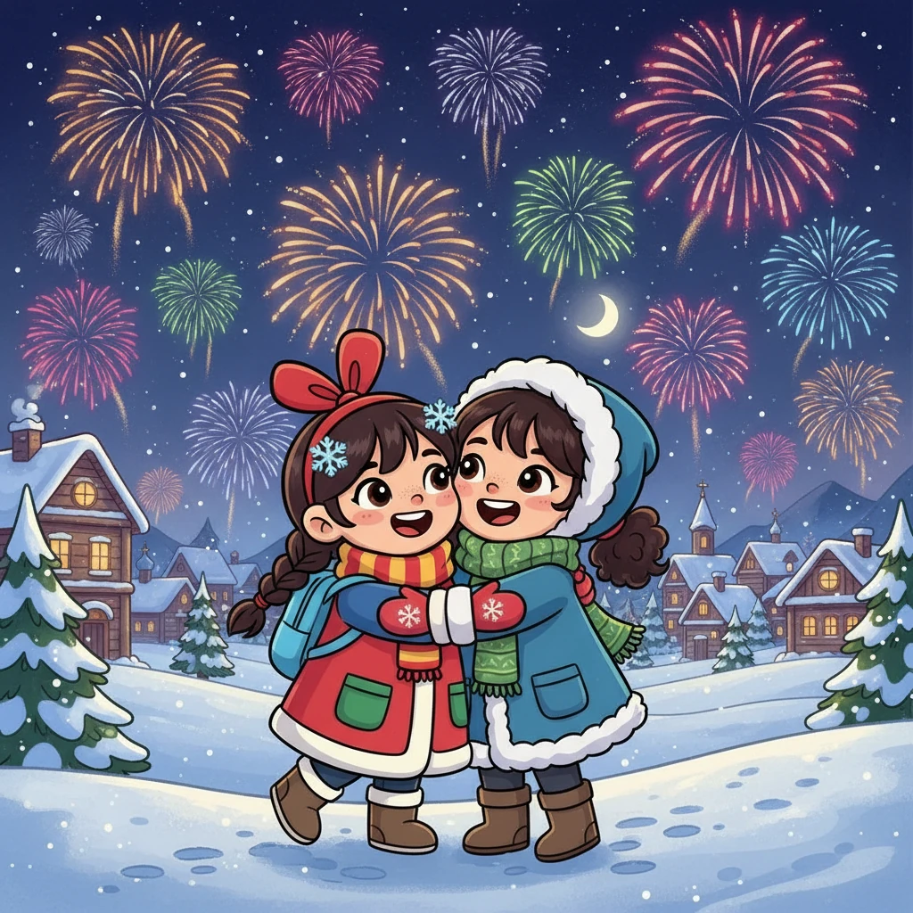 В новогоднюю ночь, Аянат и Айша загадали одно желание на двоих: чтобы их дружба никогда не заканчивалась. Они обнялись, глядя на фейерверки, освещающие ночное небо, и почувствовали себя самыми счастливыми.