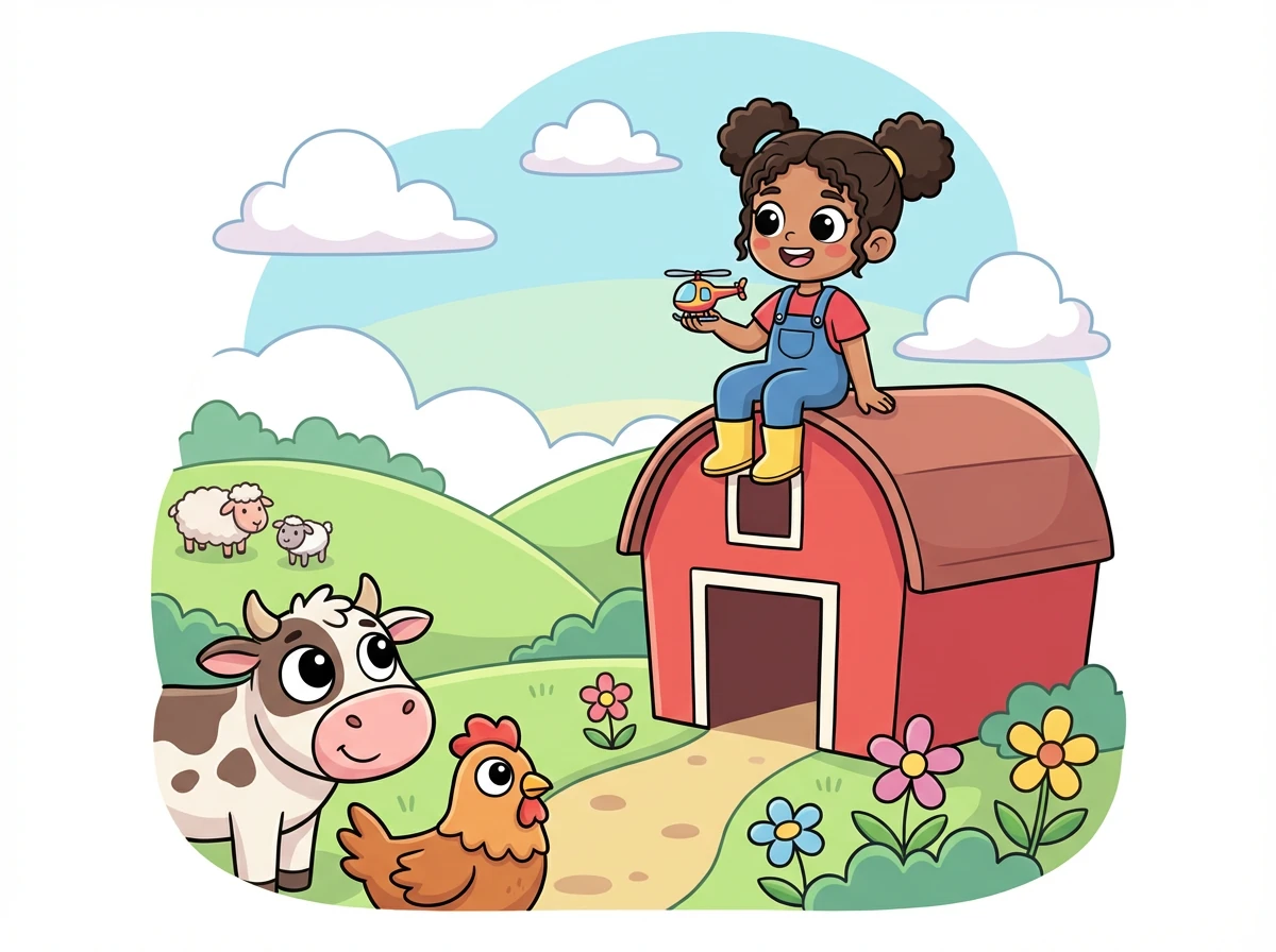 Henrietta the helicopter lived on a small farm. She loved watching the world go by from her perch on the barn roof, dreaming of adventures.