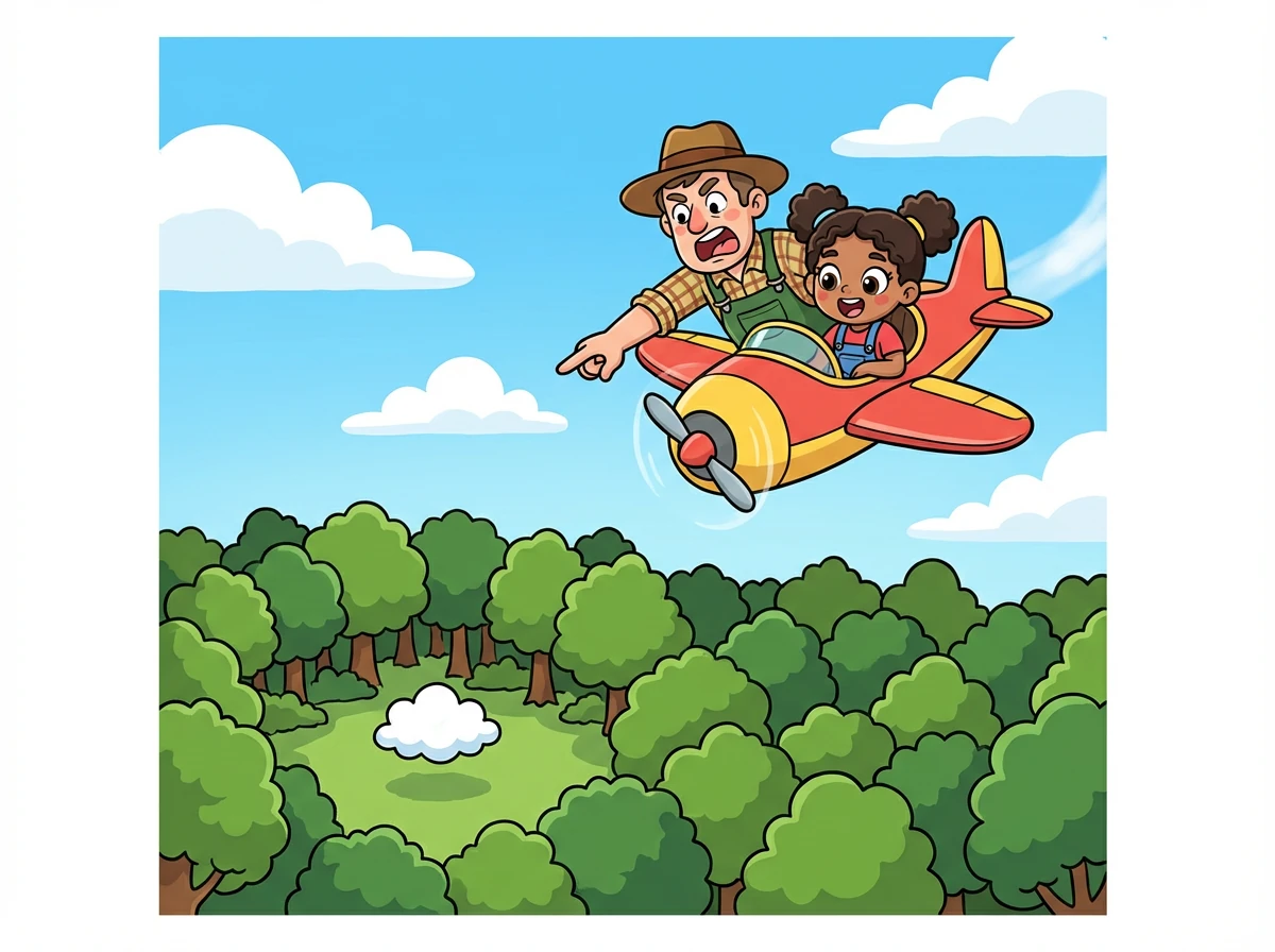 She flew over the forest, her pilot, Farmer Giles, carefully scanning the trees. "There!" he shouted, pointing to a small, white shape.