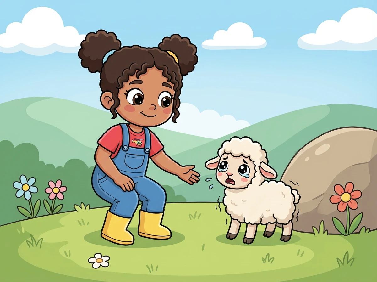 Henrietta gently landed near the lost lamb. It was frightened and alone, bleating softly.