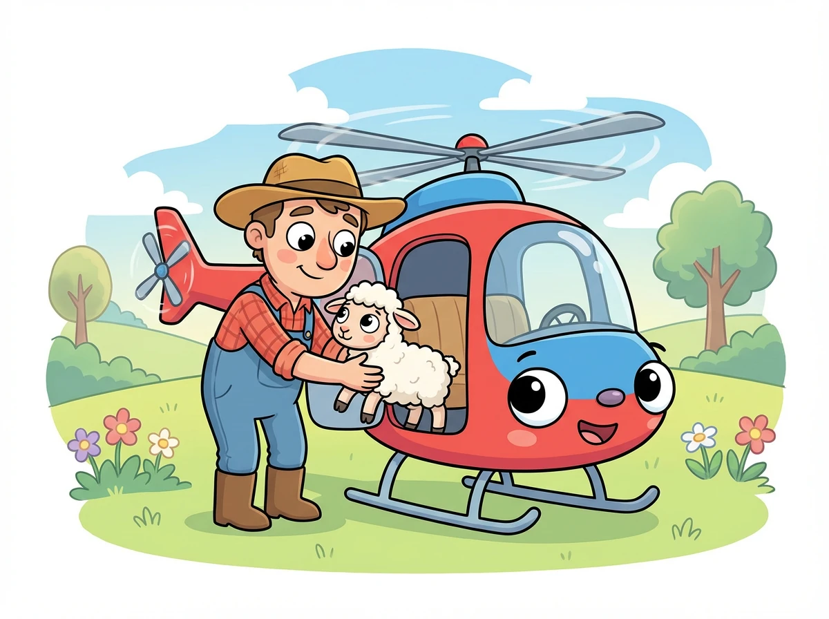 Farmer Giles scooped up the lamb and carefully placed it inside Henrietta's cozy cabin. Henrietta then took to the skies once more.