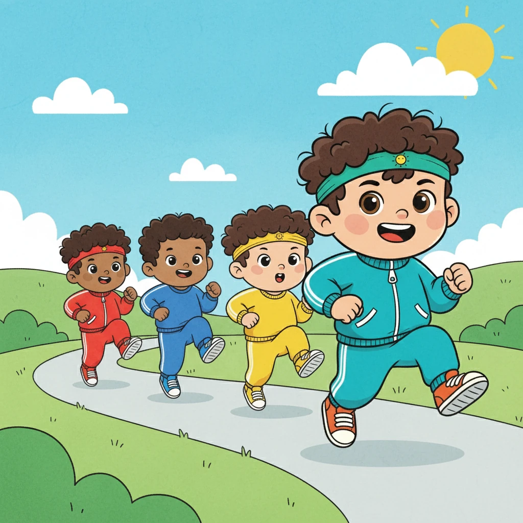 Төрт жасар балалар топтары тізелерін көтеріп, жүгіреді. Олар ұзын жолдармен жүгіріп, сарбаздар сияқты сап түзеді.