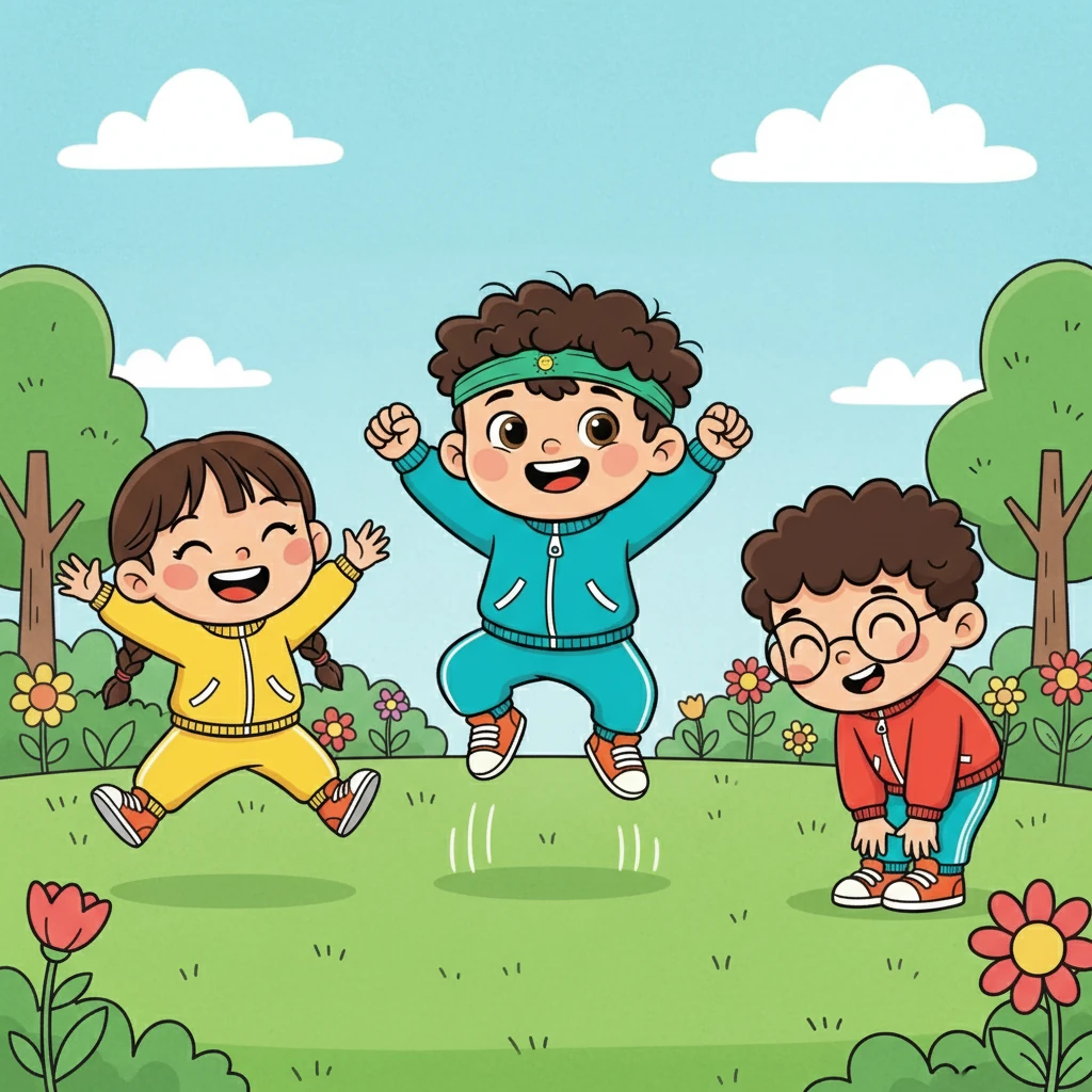 Балдырған өзінің достарымен бірге жаттығуларды орындайды. Олар күледі және көңілді демалады, бұл олардың күшті және сау болуына көмектеседі.