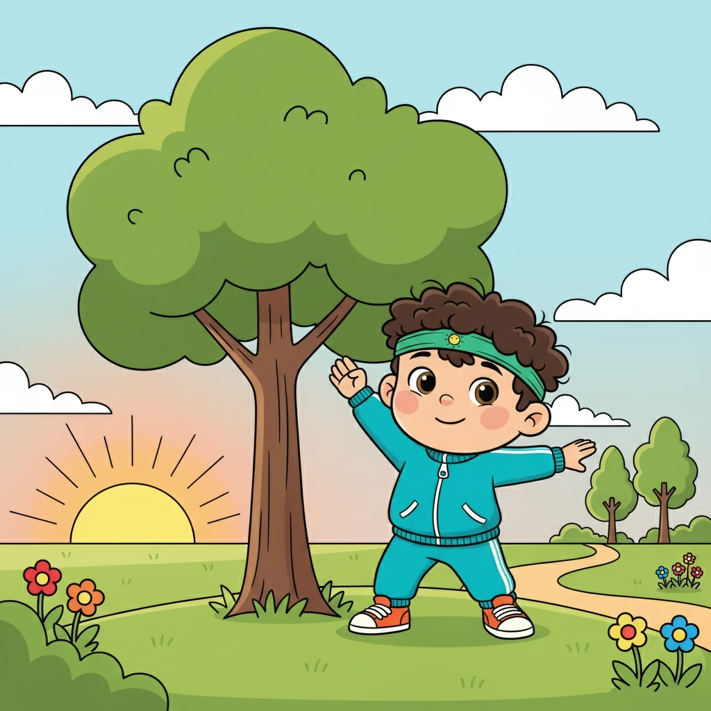 Күн шығып жатыр, ал балалар саябақта жаттығулар жасап жатыр. Олар ағаштардың астында серуендеп, табиғатпен байланыс орнатады.