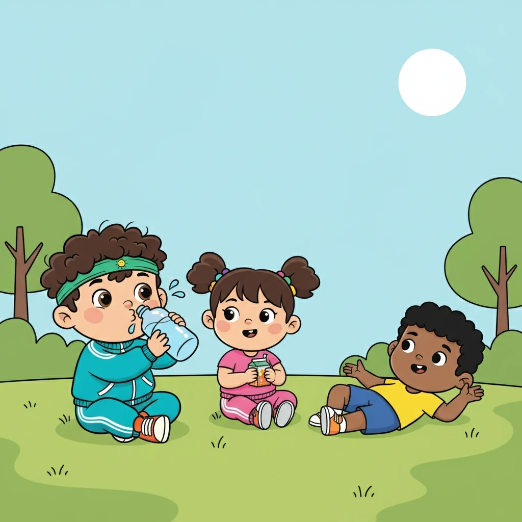 Балалар сусындар ішіп, демалады. Олар бір-бірімен әңгімелесіп, бүгінгі жаттығулар туралы әңгімелейді.