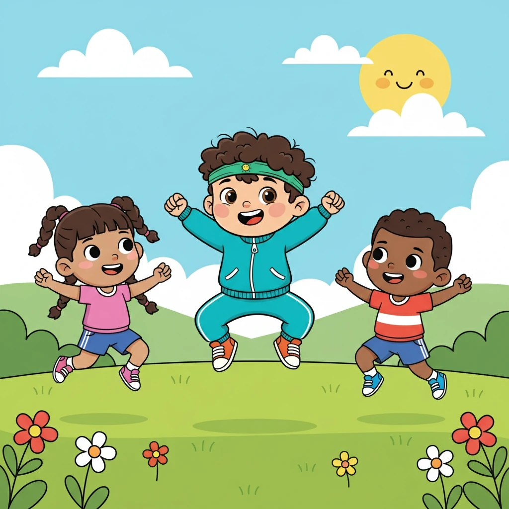 Балдырған достарымен бірге күн сайын жаттығулар жасайды. Олар күшті, сау және бақытты болады.