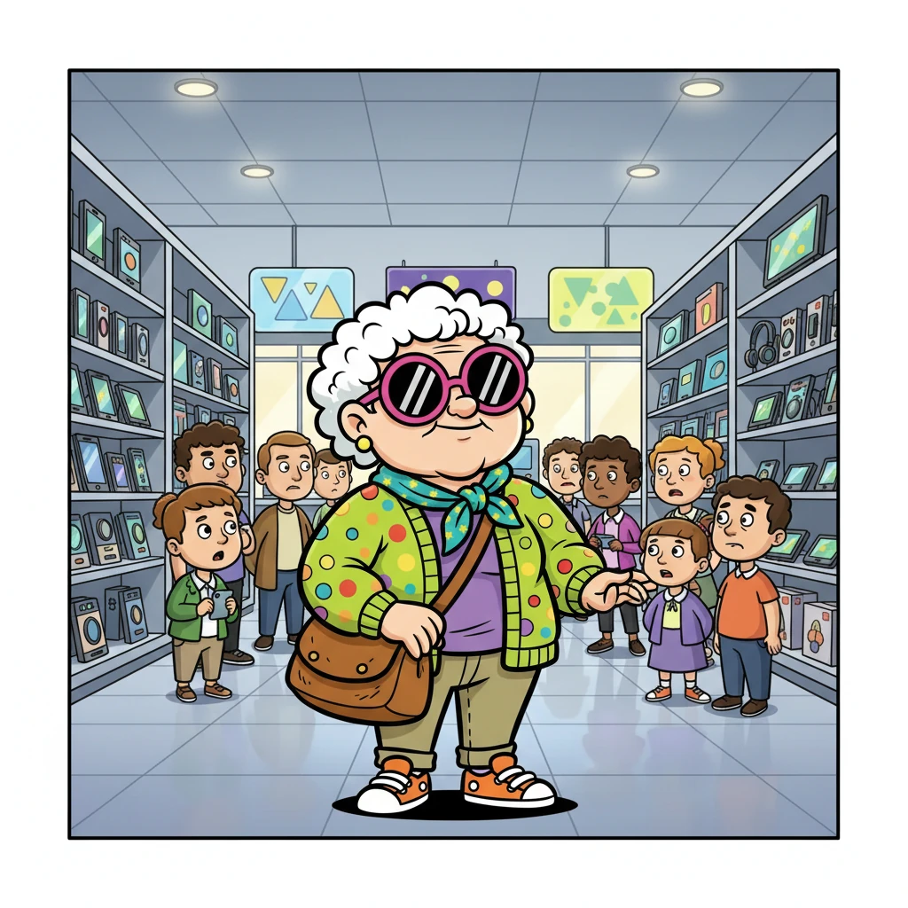 Grandma Gigi, with her bright pink sunglasses perched on her nose, marched into the electronics shop. Her eyes sparkled with a determined glint. She surveyed the rows of gadgets like a secret agent planning her next move.