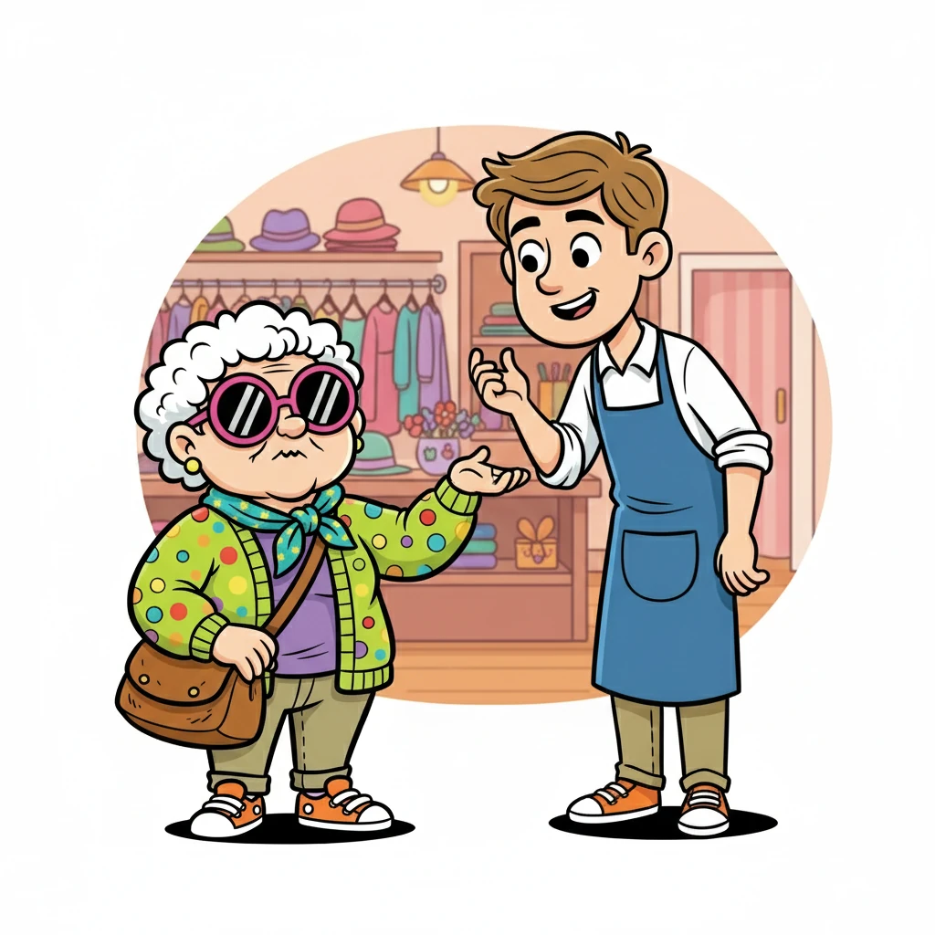 The shop assistant, a young man with a friendly smile, approached Grandma Gigi. He tried to guess her age, but the pink sunglasses made it an impossible task. He noticed her small frame and the intensity in her eyes.