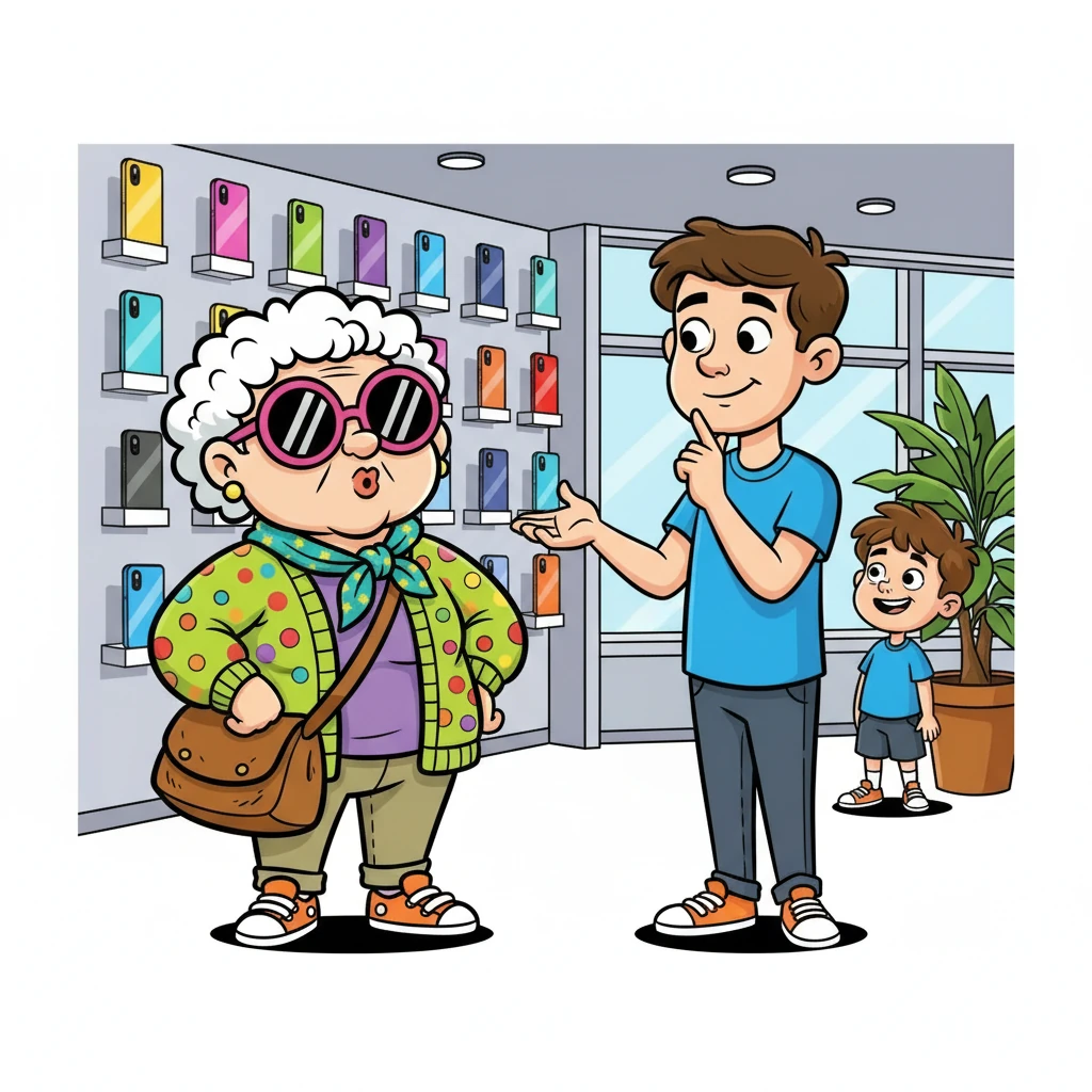 “Excuse me,” Grandma Gigi said, her voice clear and firm, “I want a smartphone.” The assistant, trying not to laugh, politely gestured towards the latest models. Gigi's grandson watched from a distance, knowing she was about to embark on an adventure.