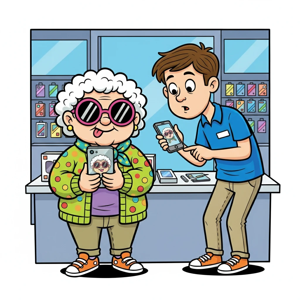 After some discussion, Grandma Gigi settled on a phone that promised the best selfies. The assistant, slightly bewildered, helped her set it up. Grandma Gigi’s face was a mixture of concentration and excitement.