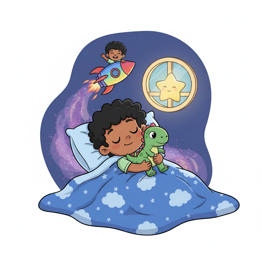 Leo is snuggled deep under his cozy blue blanket, dreaming sweet dreams of flying on a rainbow rocket. A tiny, friendly star peeks through his window, hinting at the new day. His favorite plush dinosaur, Rex, is cuddled beside him, sharing the quiet slumber.