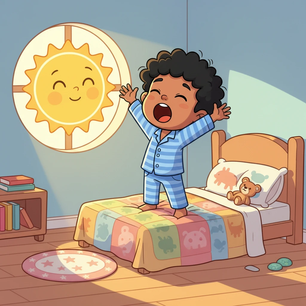 The morning sun, a giant cheerful yellow orb, beams through Leo's window, painting his room in warm, golden hues. Leo stretches with a big yawn, his arms reaching high towards the ceiling like a sleepy little bear waking from hibernation. He still feels a tiny bit sleepy, wishing he could stay in bed.