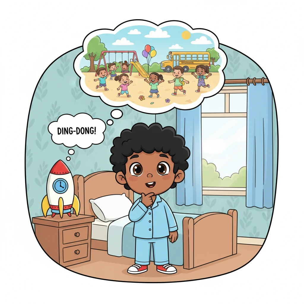 Ding-dong! Leo's alarm clock, shaped like a friendly rocket ship, lets out a happy little chime. Suddenly, a tiny thought-bubble appears above his head, showing a bustling schoolyard filled with laughter and colorful activities. A spark of curiosity twinkles in his eyes.