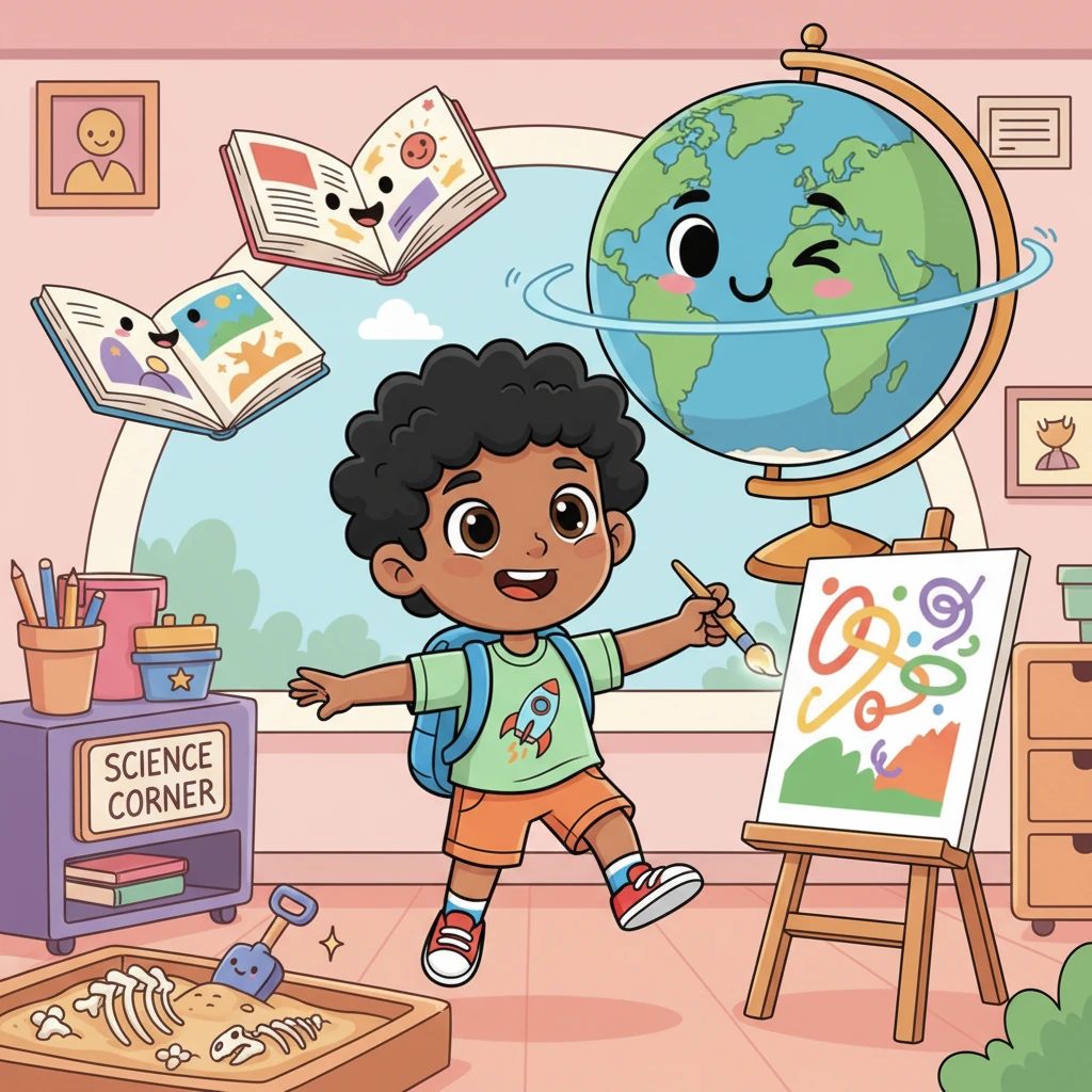 Leo's imagination takes flight! He sees himself in a magical classroom, surrounded by talking books and a friendly, giant globe that spins with a wink. He imagines discovering ancient dinosaur bones in the science corner and painting a masterpiece that glows.