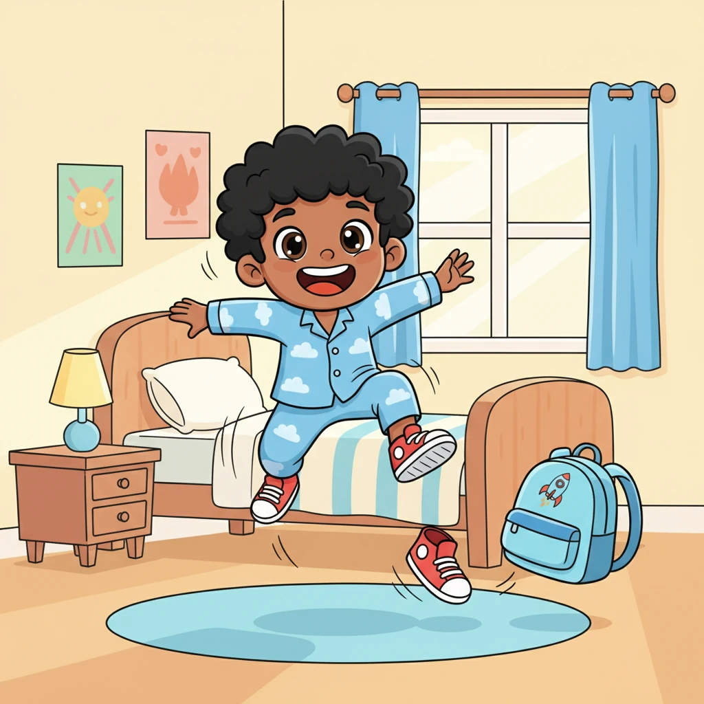 With a burst of energy, Leo leaps out of bed, his pajamas doing a little jig. He quickly gets dressed in his favorite bright yellow shirt, his shoes practically hopping onto his feet. A wide, excited grin spreads across his face as he thinks about all the fun waiting for him.