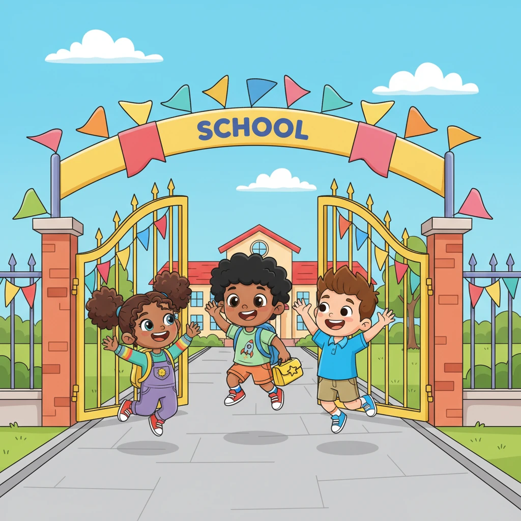 Skipping down the path, Leo arrives at the school gates, which are adorned with colorful banners and waving flags. His best friends, Mia and Sam, are already there, jumping up and down with big smiles. They wave him over, eager to start the day together.