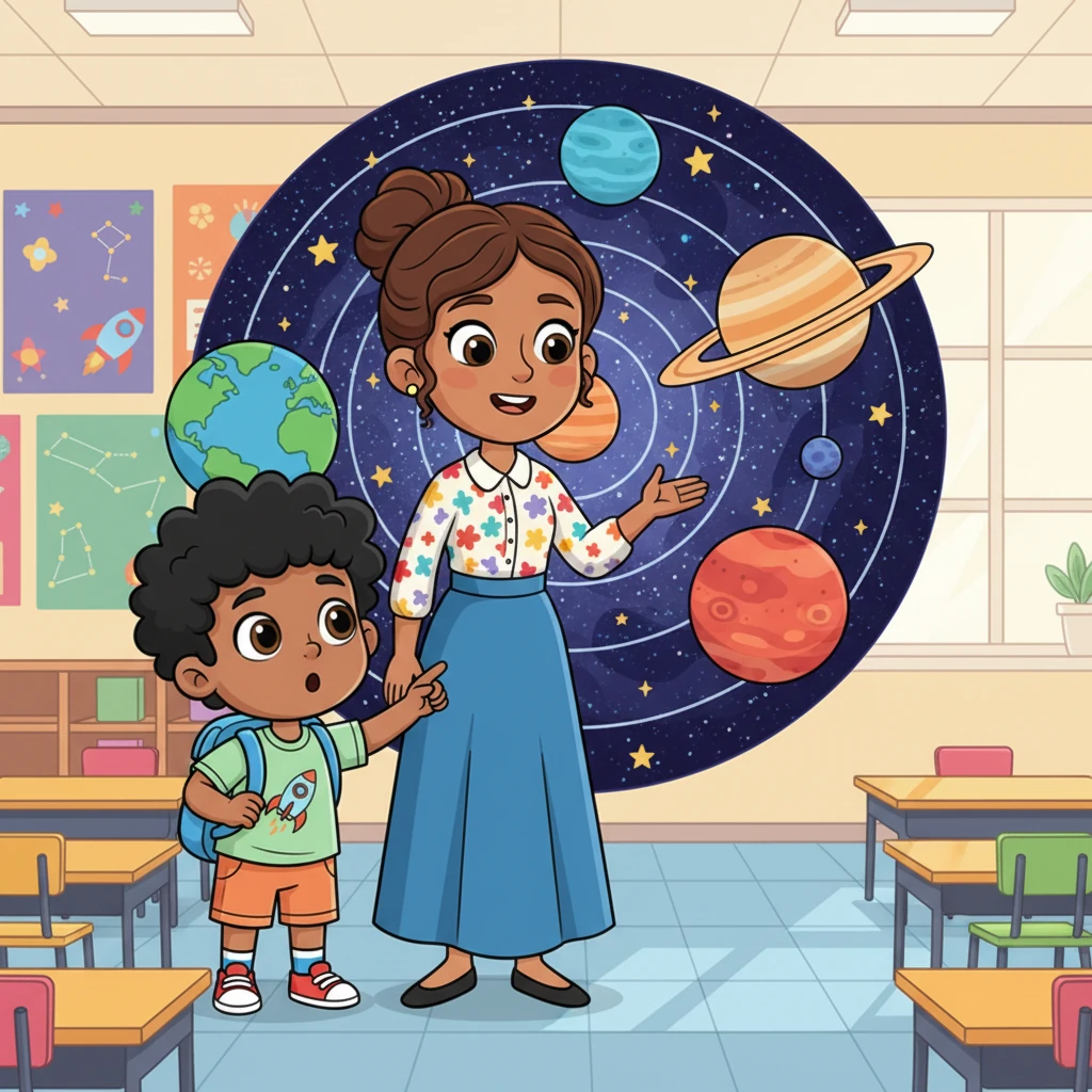 Inside the classroom, their kind teacher, Miss Lily, stands beside a giant, sparkling model of the solar system. Planets twirl gently, and tiny stars glitter as she explains the wonders of space. Leo's eyes are wide with amazement, completely absorbed in the cosmic adventure.