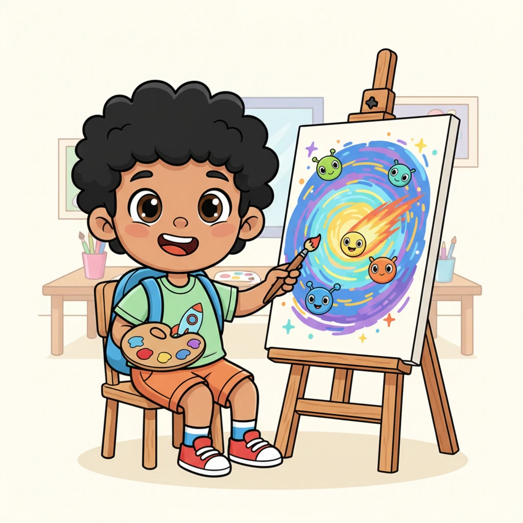 During art class, Leo dips his brush into a rainbow of paints, creating a vibrant, swirly galaxy on his canvas. He adds tiny, smiling alien creatures and a friendly comet with a long, sparkly tail. He feels so proud of his colorful creation.