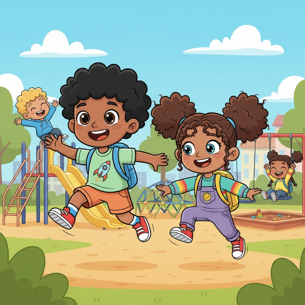 Later, on the playground, Leo and his friends are playing a super-speedy game of tag, their laughter echoing through the air. They zoom around the slides and swings, their exaggerated movements showing pure joy and boundless energy. It's the best part of the day!