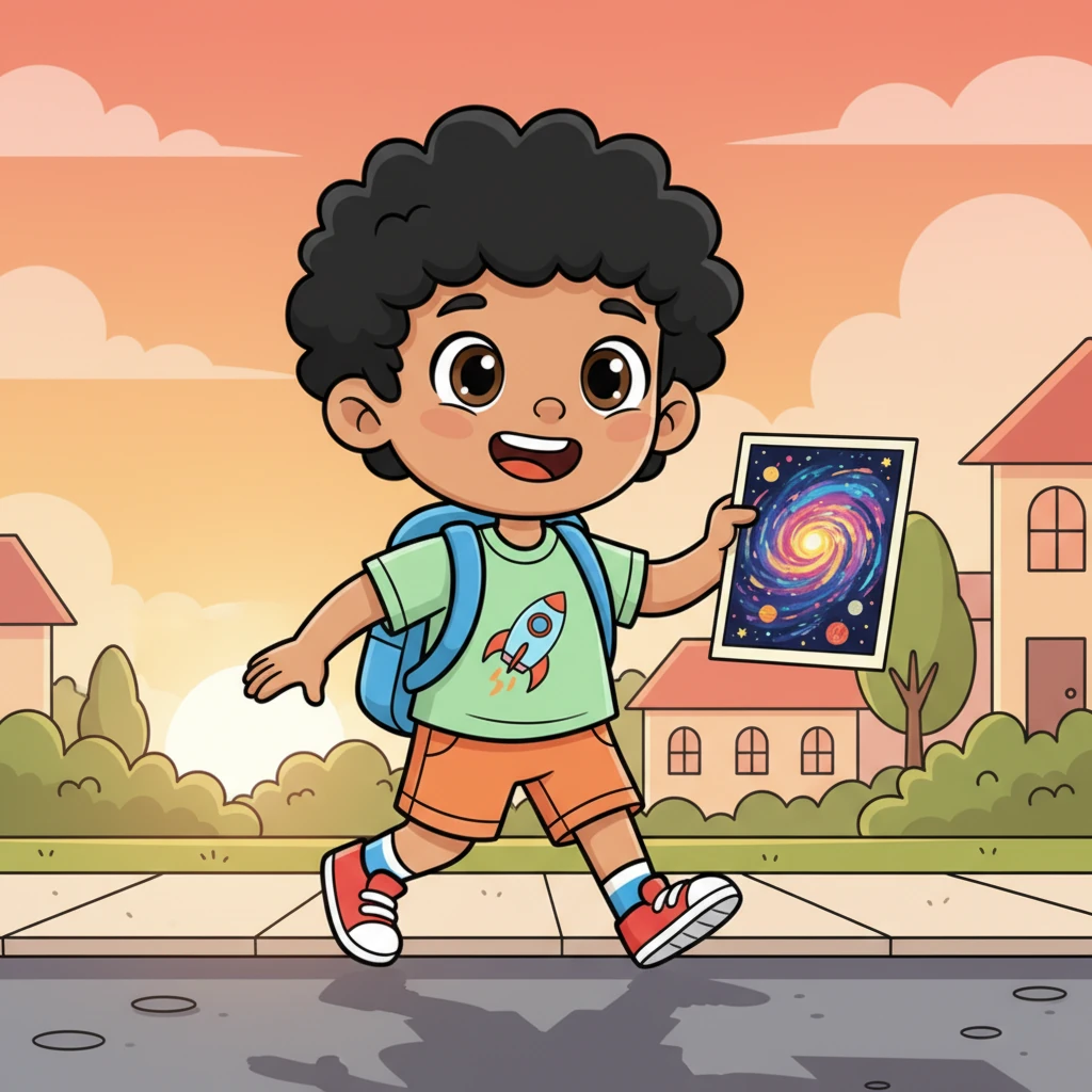 As the school day ends, Leo walks home, a big smile on his face and his vibrant galaxy painting clutched gently in his hand. The setting sun casts long, happy shadows behind him. He can't wait to tell his family all about his amazing school adventures and dreams of what tomorrow will bring.