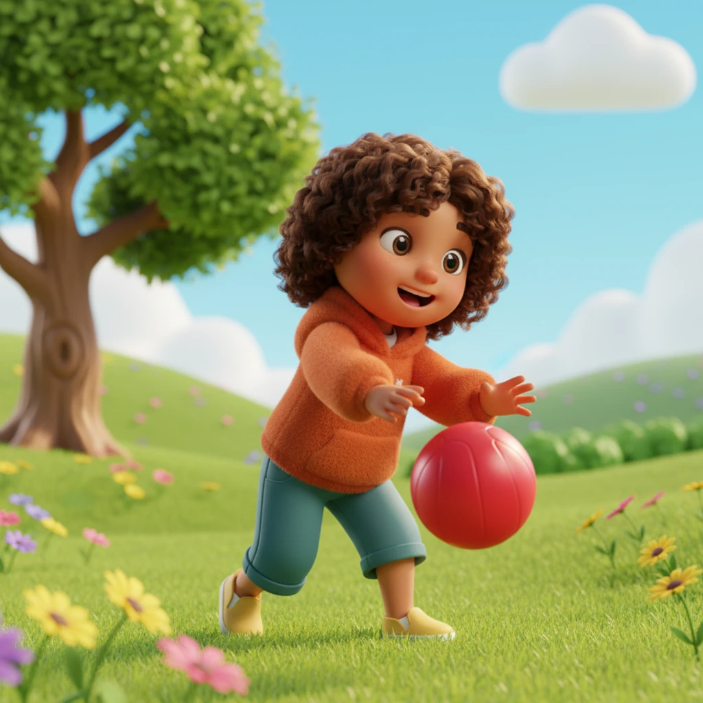 Leo, un niño de cabello castaño y ojos brillantes, jugaba felizmente con su pelota roja en el parque. El sol brillaba y las flores de colores danzaban suavemente con la brisa. Leo reía mientras su pelota rebotaba, ajeno a todo lo demás. Era un día perfecto para jugar al aire libre.