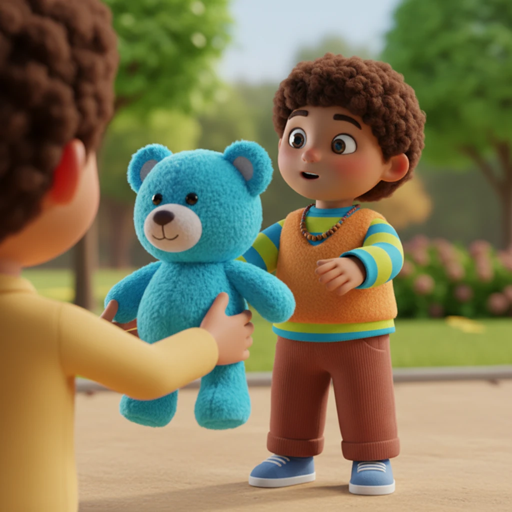 De repente, una persona desconocida se acercó a Leo, sonriendo amablemente. En sus manos sostenía un osito de peluche grande y suave, de un color azul brillante. "Hola, pequeño", dijo la persona con voz suave, extendiendo el regalo hacia Leo. El osito parecía muy tentador.