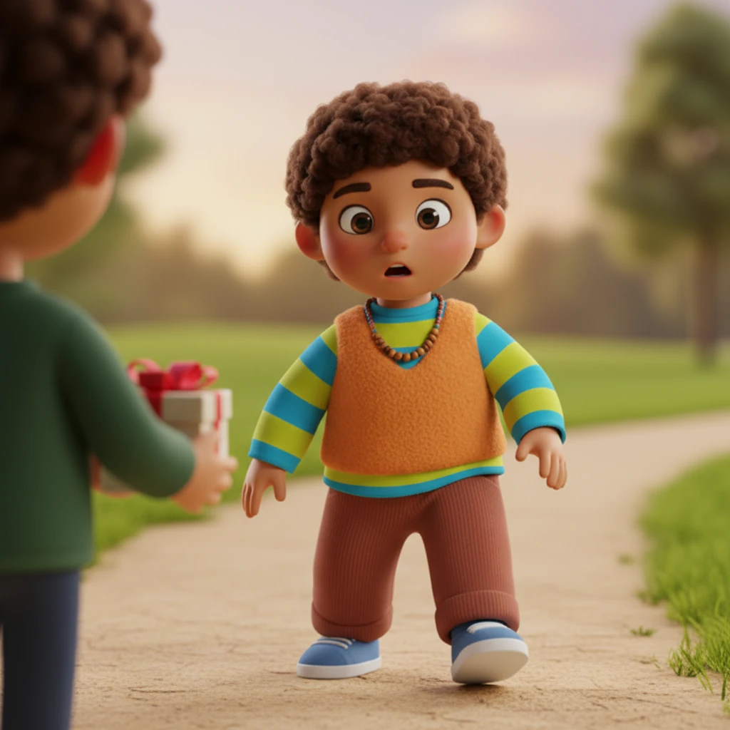 Con un poco de nerviosismo, pero mucha valentía, Leo dio un paso atrás. Miró a la persona desconocida y dijo con voz clara: "Gracias, pero no puedo aceptar regalos de personas que no conozco sin permiso de mis padres." La persona pareció un poco sorprendida, pero Leo se mantuvo firme.