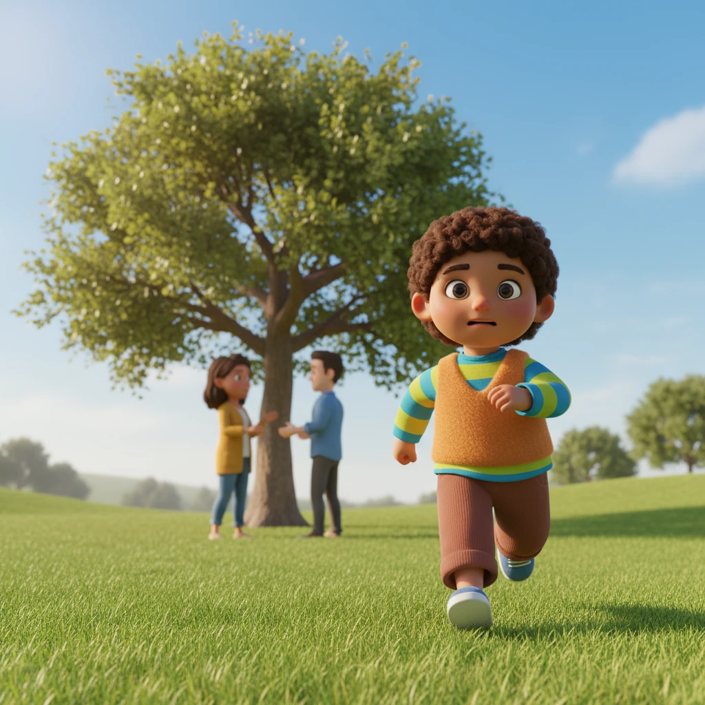 Después de rechazar el regalo, Leo se dio la vuelta y corrió directamente hacia donde estaban sus padres, que charlaban cerca de un gran árbol. Su corazón latía un poco rápido, pero se sentía orgulloso de su decisión. Quería contarles lo que había pasado de inmediato.