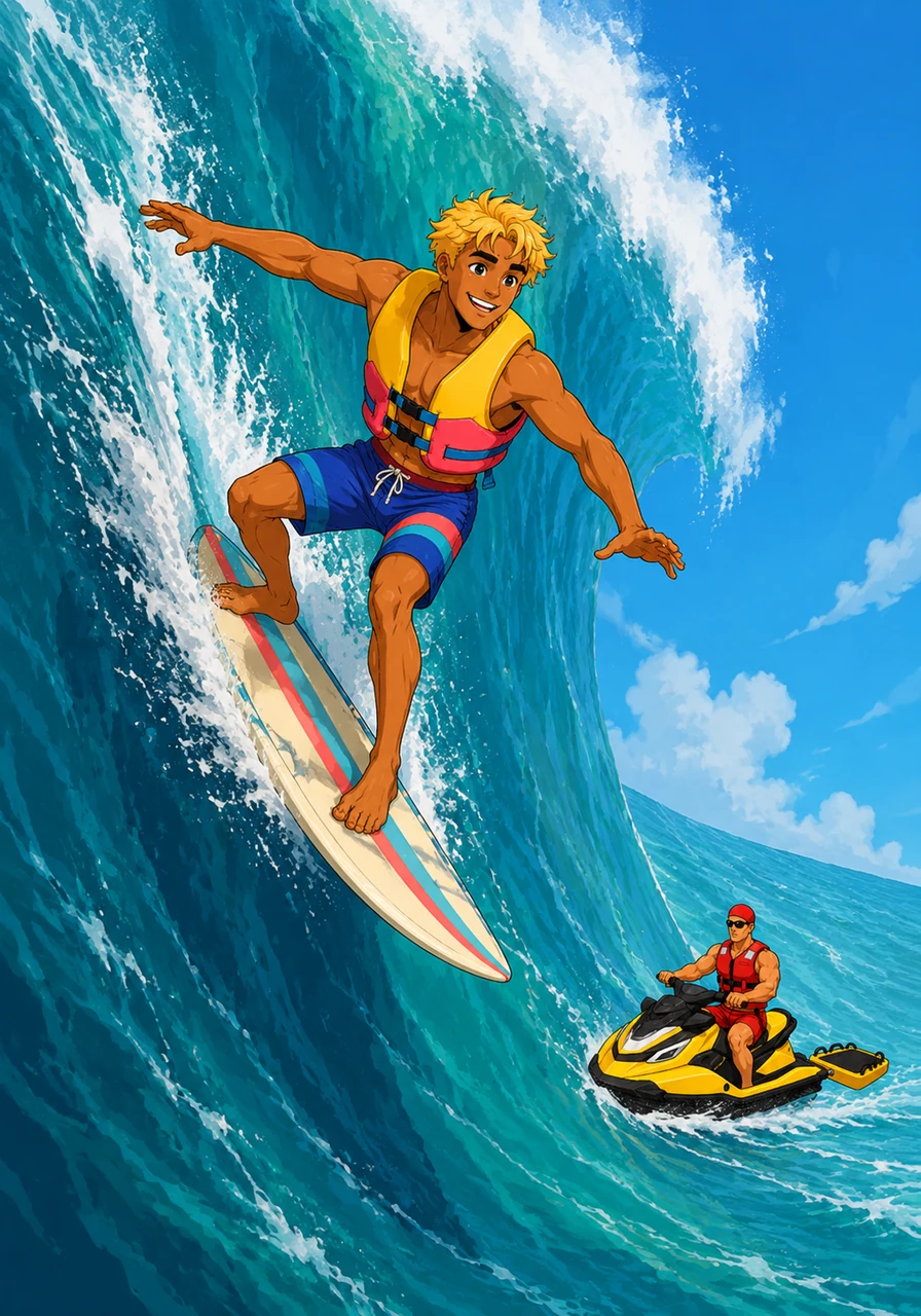With a burst of adrenaline, Kai spun his board around and paddled with all his might as the mountain of water lifted him high into the sky. He stood up on his board, dropping down a terrifyingly steep, vertical wall of churning turquoise water.