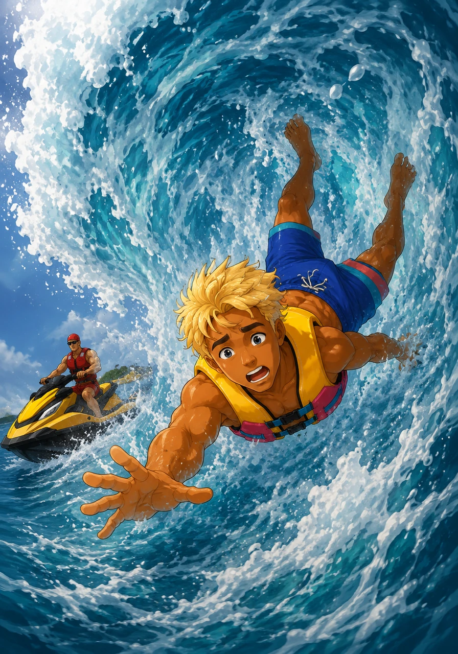 In a sudden, heart-stopping flash, Kai lost his footing and was thrown headfirst into the roaring belly of the liquid beast. The world spun upside down as the collapsing wave engulfed him in a massive explosion of white foam and thunderous noise.