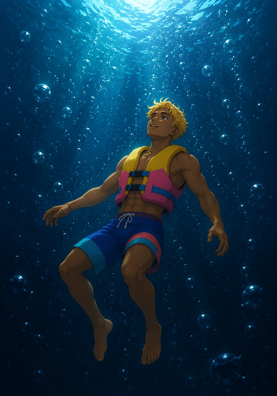 The ocean grew eerily quiet and dark as he drifted deeper, the fierce churning slowly giving way to a calm, weightless suspension. Surrounded by a galaxy of tiny, glowing air bubbles, Kai looked up toward the faint, shimmering light of the surface.