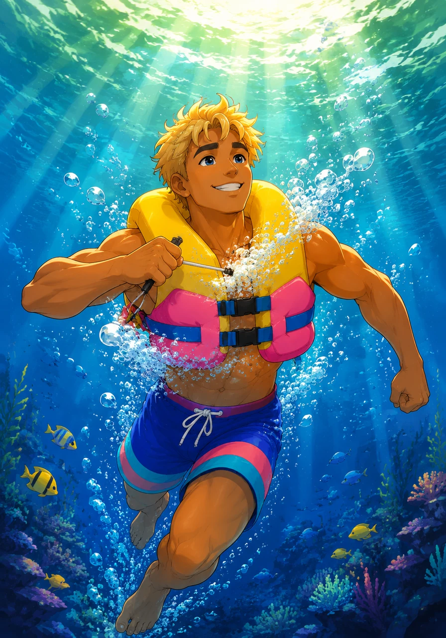 Remembering his training, Kai pulled the cord on his inflatable safety vest, and a burst of air quickly propelled him upward. He swam with steady, rhythmic strokes, his eyes fixed on the bright green sunlight dancing on the ocean's ceiling.