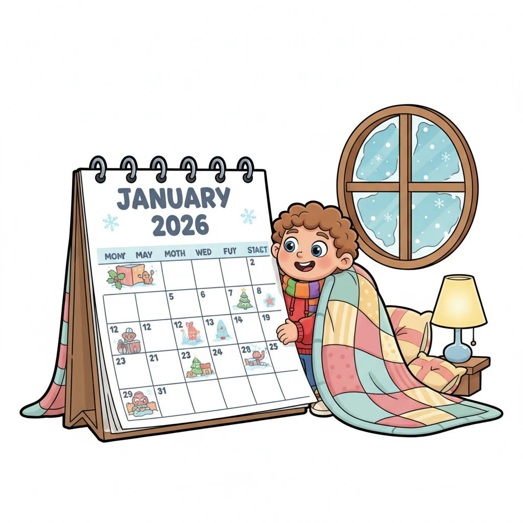 A cheerful little character named Pip peeks out from under a cozy blanket, eyes wide with wonder. Before him stands a magnificent, oversized calendar page, boldly displaying "JANUARY 2026" in cheerful, blocky letters. Tiny snowflakes gently fall outside a whimsical window, promising a fresh start to the year.