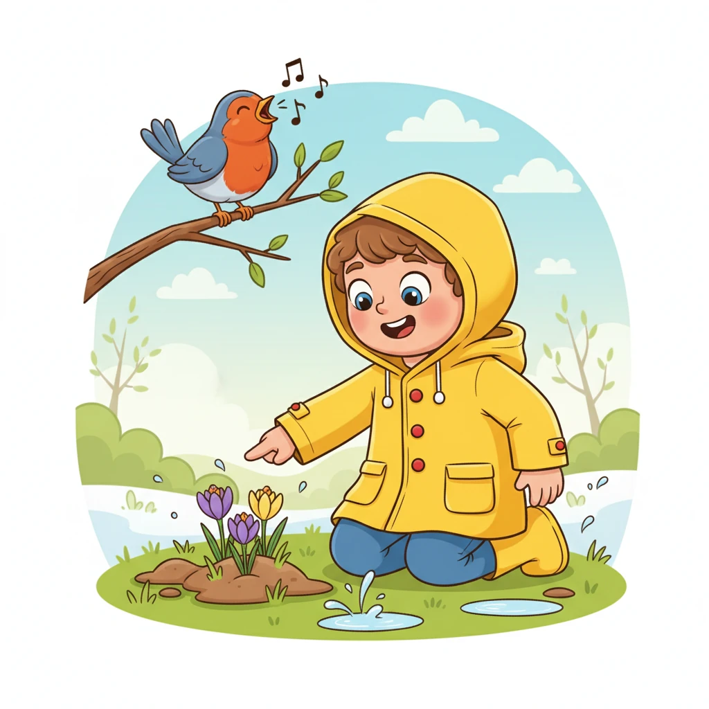 The snow has begun to melt, revealing patches of vibrant green grass and the first brave crocuses pushing through the earth. Pip, wearing a tiny rain slicker, points excitedly at a new sprout, a cheerful robin singing a welcome song from a nearby branch. The world is waking up with gentle splashes.