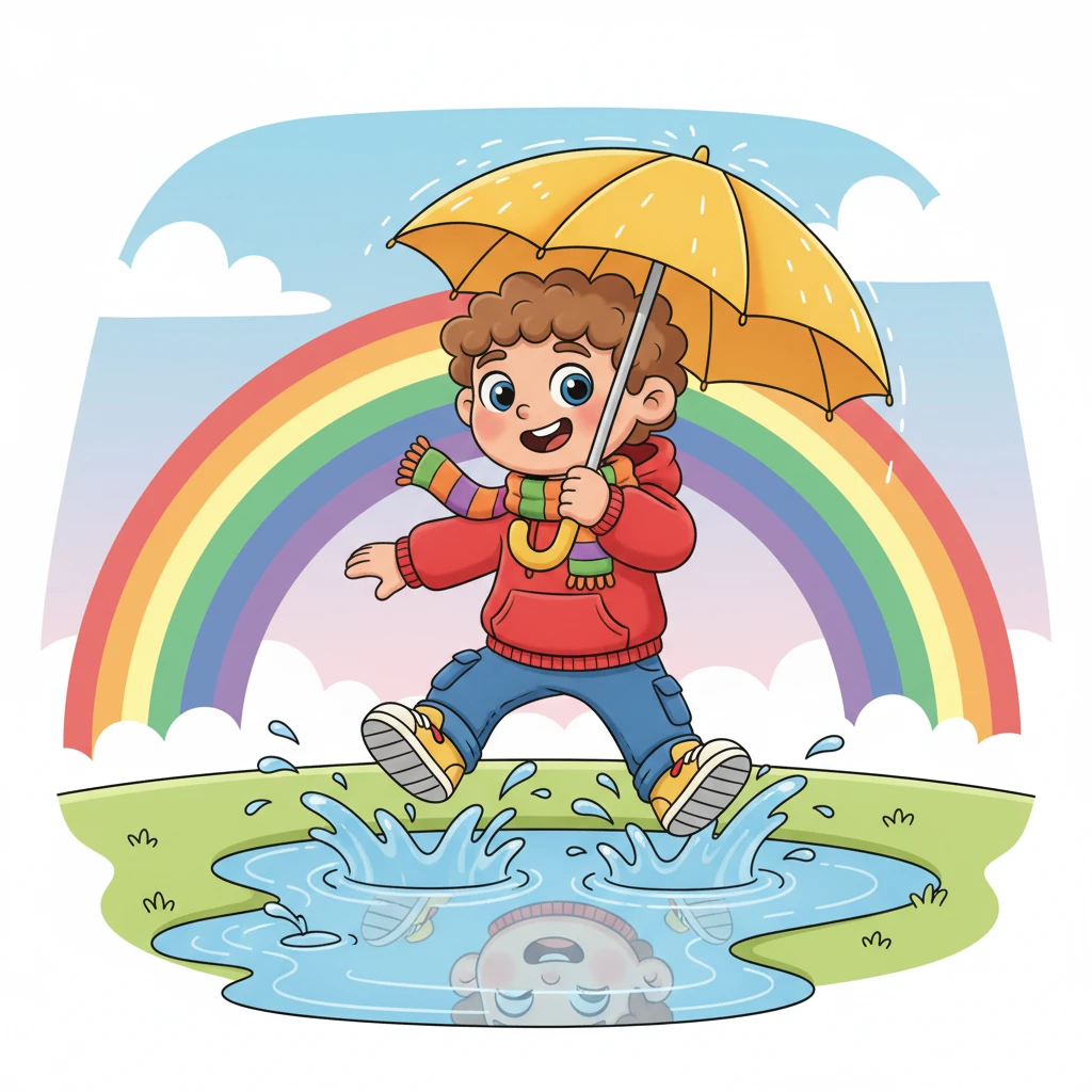 Raindrops plink playfully on Pip's bright yellow umbrella as he splashes through a sparkling puddle. His reflection winks back from the water, distorted in a fun, wobbly way, while a magnificent rainbow arches across the sky, painting it with brilliant, cheerful colors. Everything feels fresh and new.