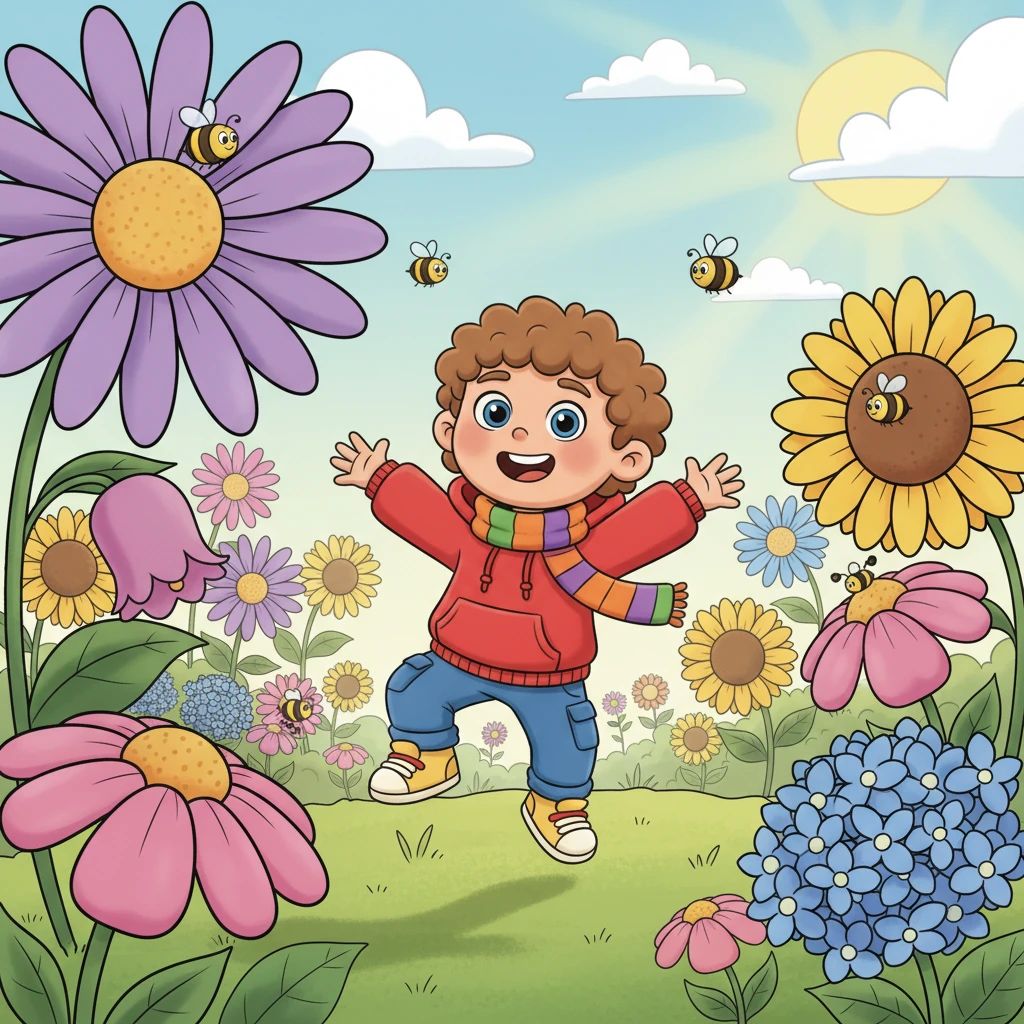 Pip dances through a meadow bursting with exaggerated, colorful flowers of every shape and size. Friendly bumblebees, round and fuzzy, buzz around oversized blossoms, collecting nectar. The sun shines brightly, casting soft, warm glows on the happy scene.