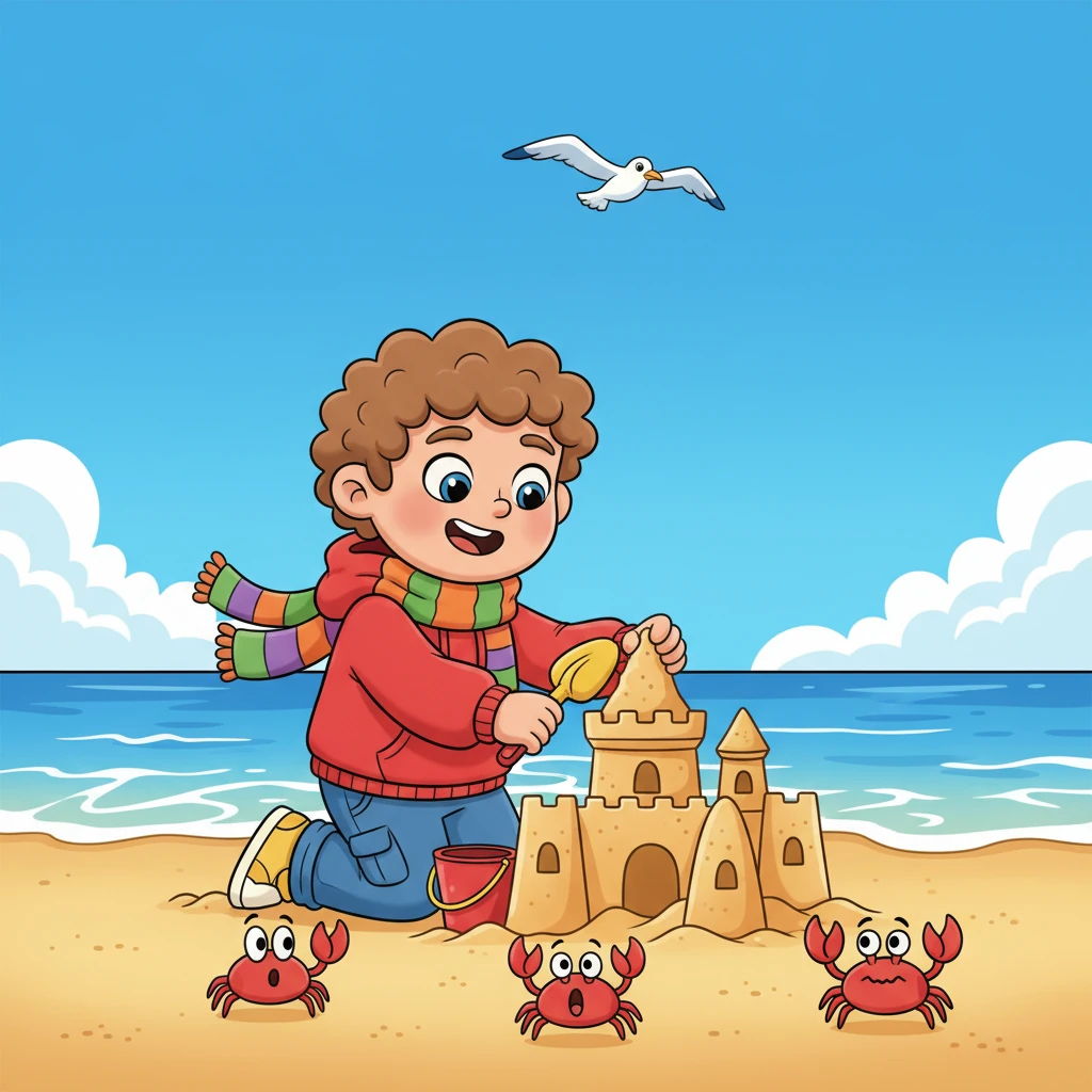 Under a brilliant summer sun, Pip builds a sandcastle on a golden beach, tiny crabs scuttling nearby with comical expressions. The ocean waves are smooth and inviting, reflecting the clear blue sky, while a joyful seagull swoops overhead. It's a perfect day for sun and play.