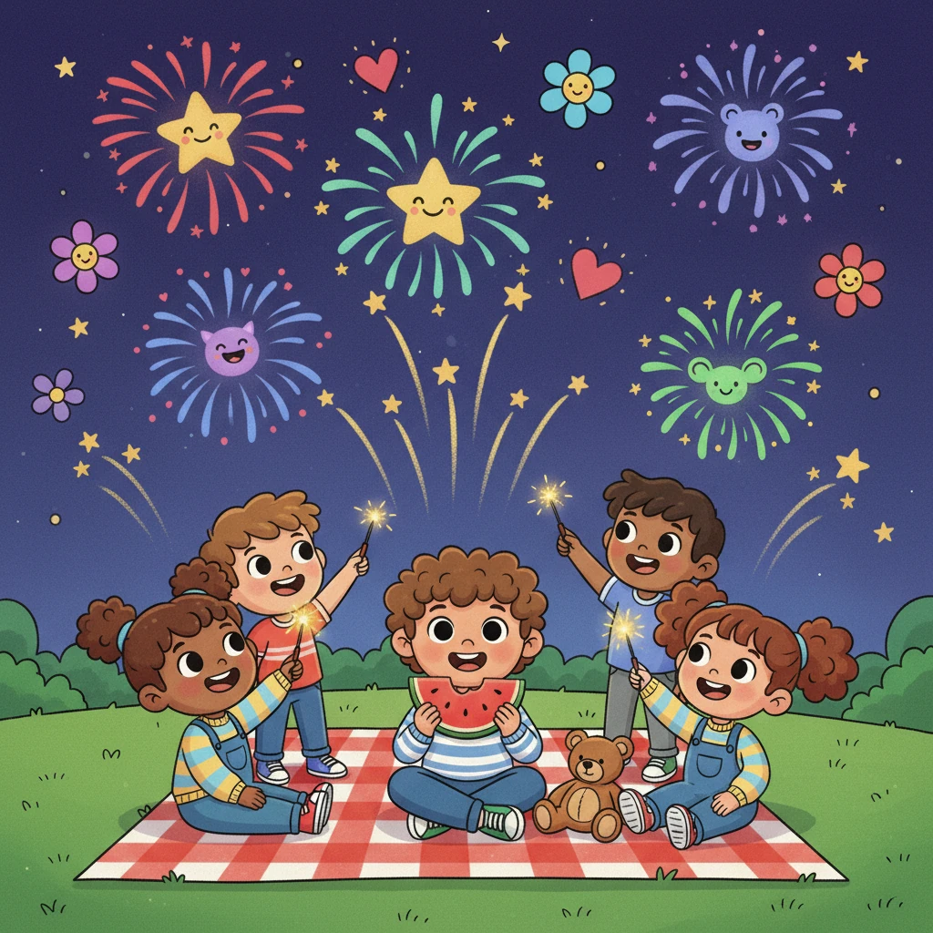 The night sky explodes with fantastic, colorful fireworks in whimsical shapes, illuminating Pip's awestruck face. He sits on a picnic blanket, munching on a juicy watermelon slice, surrounded by other happy, smiling characters enjoying the festive summer evening. The air hums with excitement.