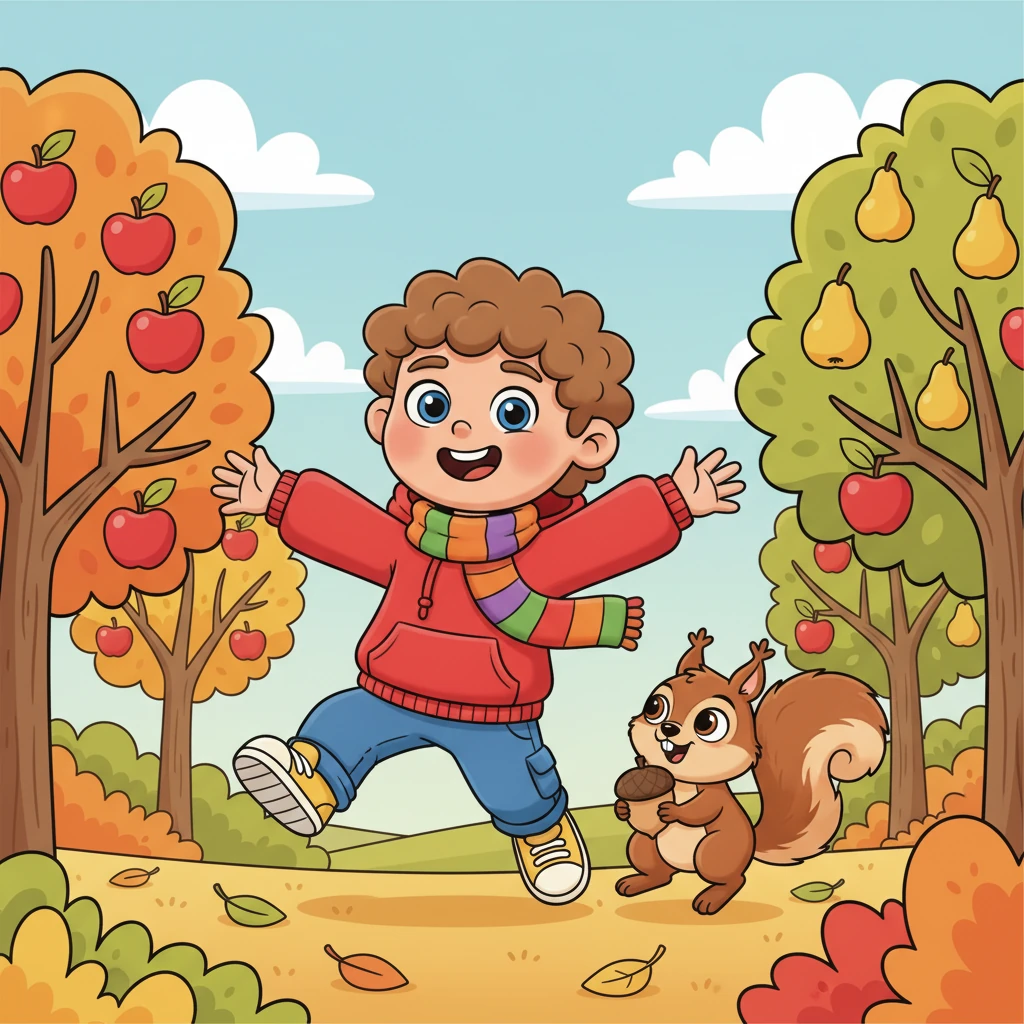 Pip skips through an orchard filled with plump, red apples and golden pears, their leaves just beginning to show hints of orange. A friendly squirrel, with an acorn clutched in its paws, playfully chases him. The air feels crisp and sweet with the promise of autumn.