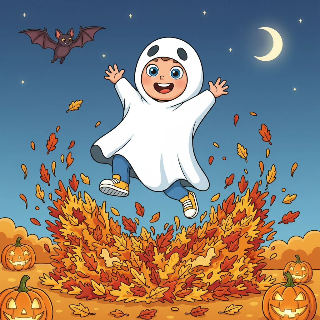 Surrounded by grinning pumpkins and rustling, crunchy leaves in shades of fiery orange and deep red, Pip wears a playful ghost costume. He playfully jumps into a pile of leaves, sending them flying in a joyful explosion of color. A friendly bat with oversized wings flits across the twilight sky.
