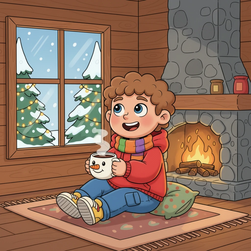 Pip, now nestled by a crackling fireplace, sips warm cocoa from a mug shaped like a smiling snowman. Outside, gentle snow falls, blanketing the world in peaceful white, while twinkling lights adorn a cozy tree. He smiles, reflecting on a year full of wonderful adventures and new memories.