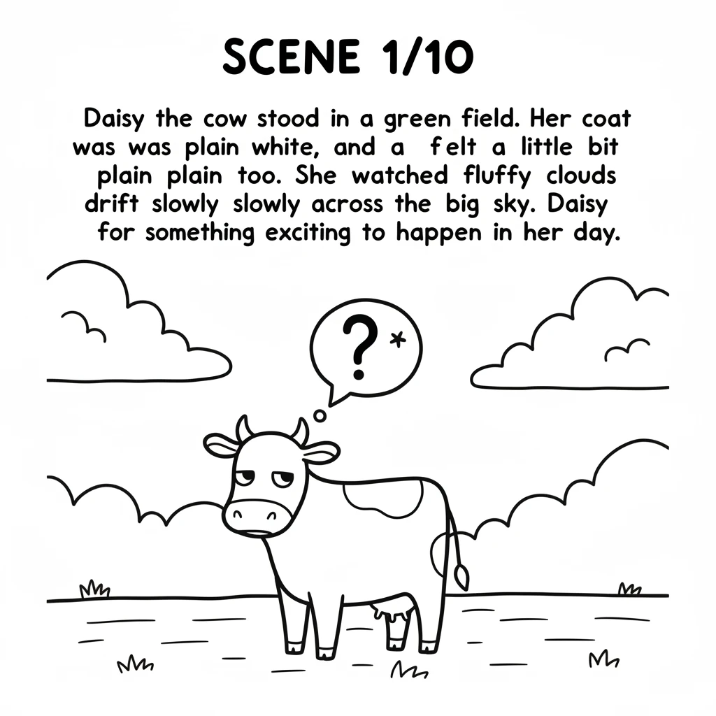 Daisy the cow stood in a green field. Her coat was plain white, and she felt a little bit plain too. She watched fluffy clouds drift slowly across the