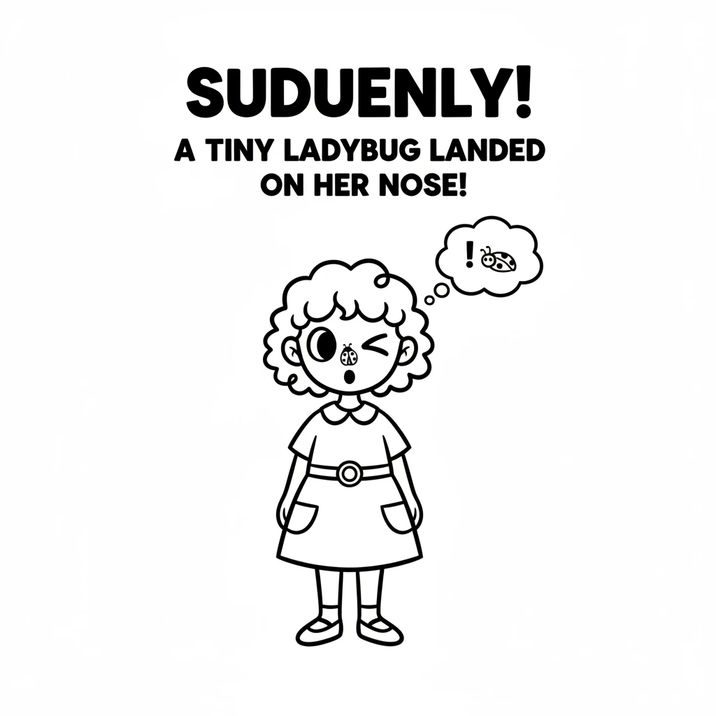 Suddenly, a tiny, bright red ladybug landed right on Daisy's nose! It had shiny black spots and seemed to sparkle. Daisy blinked her big eyes, surpris