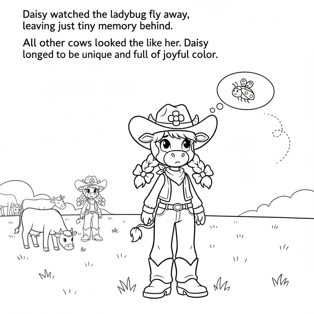 Daisy watched the ladybug fly away, leaving a tiny red memory behind. She sighed, wishing her own white coat could be just as bright and cheerful. All