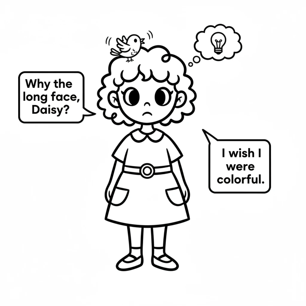 Just then, a little bluebird with a cheerful chirp landed on her ear. 'Why the long face, Daisy?' chirped the bird. Daisy explained her wish to be col