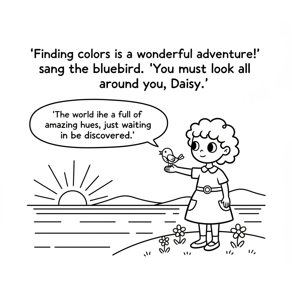 'Finding colors is a wonderful adventure!' sang the bluebird. 'You must look all around you, Daisy. The world is full of amazing hues, just waiting to