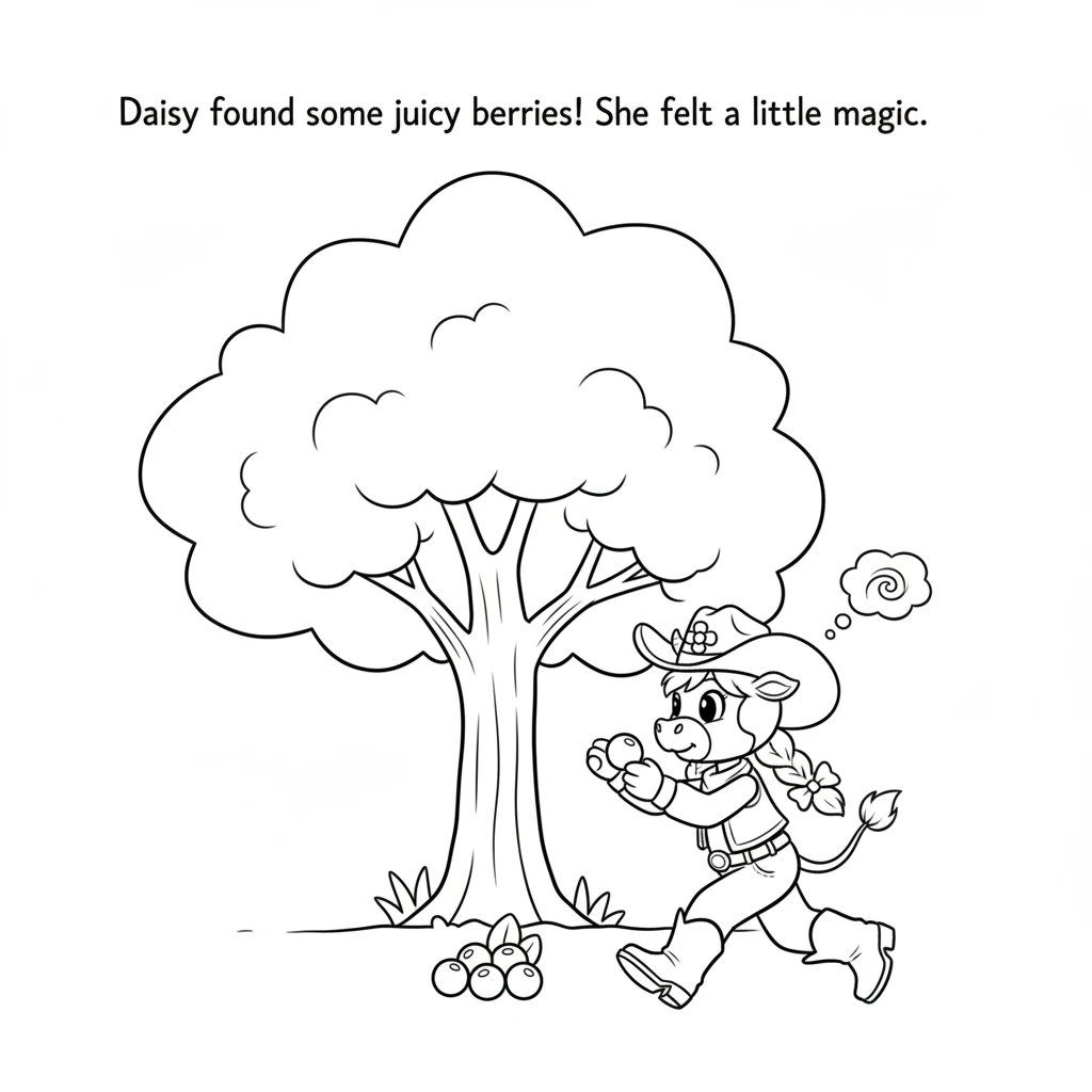 Daisy decided to follow the bird's advice. She trotted past a big, leafy tree. Underneath, she spotted a cluster of juicy, round red berries. She care